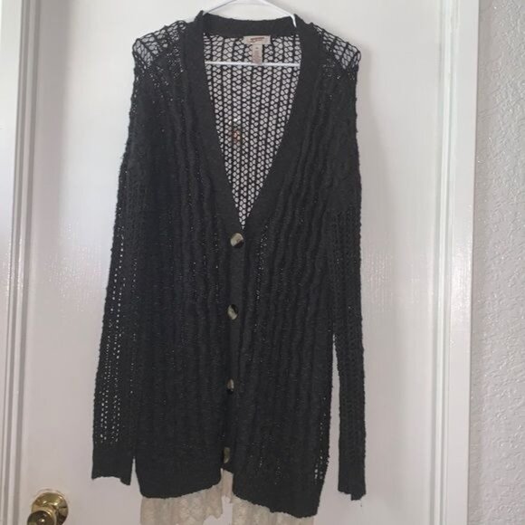 Arizona Jeans Black Knit Lace Hem Cardigan Sweater XXL - Picture 2 of 9
